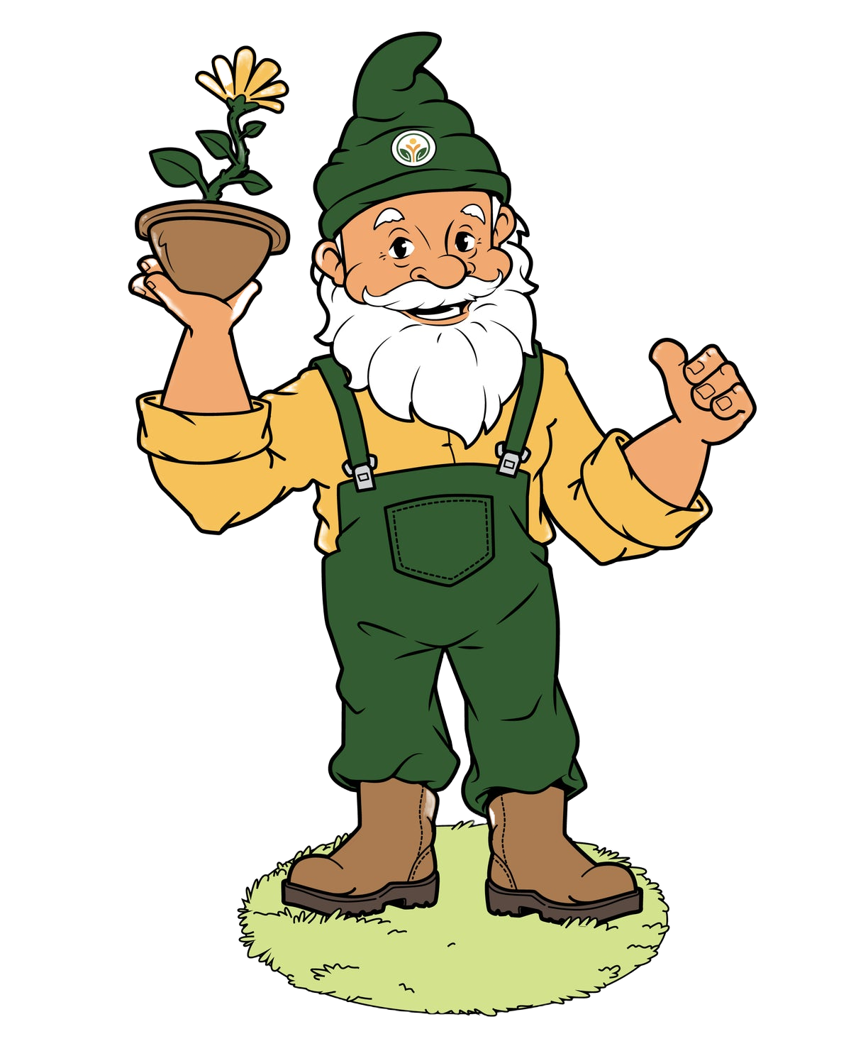 Gardeners Crate gnome holding a potted flower and giving a thumbs up