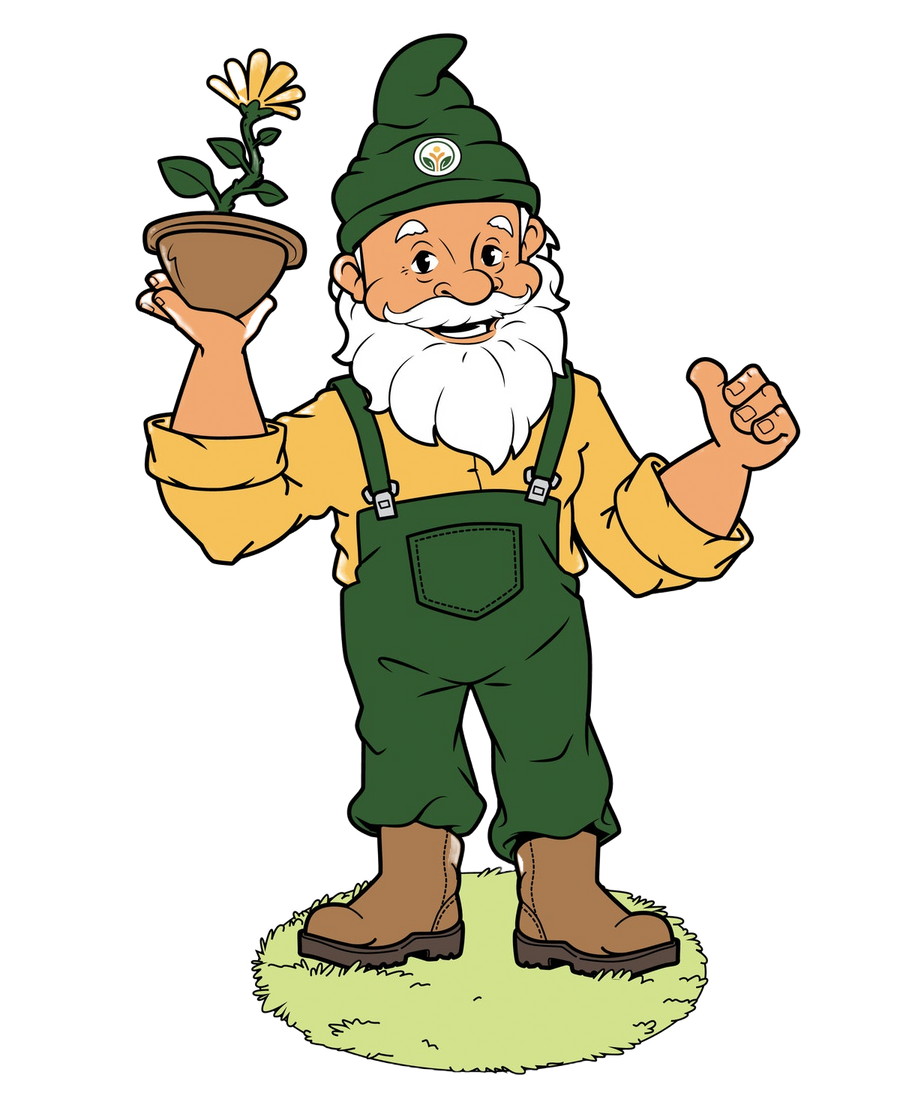 Gardeners Crate gnome holding a potted flower and giving a thumbs up